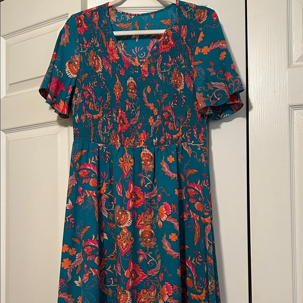 SHEIN Teal and Orange Floral Midi Dress